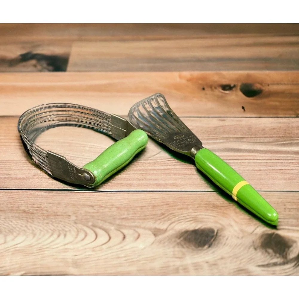 Kitchen Utensils Green Handles AJ Batter Beater and Androck Pastry Dough Cutter